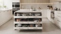 Medium shot of a lowered kitchen counter with pullout shelves extended highlighting easy access for seated use in a Royalty Free Stock Photo