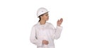 Mature engineer woman in hard hat indicating to the product or t