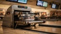 Medium shot of a nextgeneration energyefficient pinsetter retrofitted into a classic bowling alley main unit sharp with Royalty Free Stock Photo