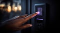 Medium shot of a professional using a fingerprint scanner to unlock a secure staffonly door showcasing advanced Royalty Free Stock Photo