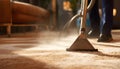 Medium shot of a professional using hot water extraction on a carpet lifting deepseated dirt and grime efficiently for a Royalty Free Stock Photo