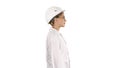 Scientist physicist woman walking in lab coat and hardhat on whi