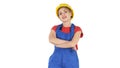 Smiling constructor worker woman standing and changing poses Fol