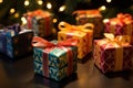 medium-shot of teeny gift boxes with geometrical festive patterns