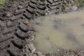 Medium Shot of Tractor Tracks Over Muddy Water