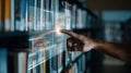 Medium shot of a user interacting with a digital interface overlay on library shelves visualizing algorithmic shelf Royalty Free Stock Photo
