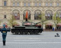 Medium tank T-34-85 with red flags on red square during a parade marking the 72nd anniversary of the Victory in the great Patrioti Royalty Free Stock Photo