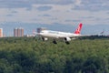 Moscow, Russia - 07/02/2018: Airbus A330 `THY Turkish Airlines` lands at Moscow Vnukovo Airport