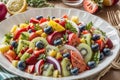 A medley of fruits in a salad, including kiwi, blueberry, strawberry, and pineapple