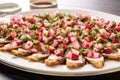 medley of radish bruschetta pieces on a big platter