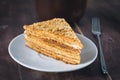 Medovik - layered honey cake on white plate Royalty Free Stock Photo