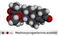 Medroxyprogesterone acetate, MPA, depot medroxyprogesterone acetate, DMPA molecule. It is progestin hormone drug. Molecular model Royalty Free Stock Photo