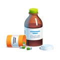 Meds, glass bottle with liquid medicine, pill tube