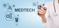 Medtech medical technology information integration internet big data concept on virtual screen. Doctor with stethoscope. Royalty Free Stock Photo