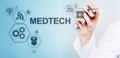 Medtech medical technology information integration internet big data concept on virtual screen. Doctor with stethoscope. Royalty Free Stock Photo
