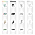 Medusa, deep sea fish, tiger shark, electric stingray.Sea animal set collection icons in cartoon black monochrome