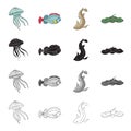 Medusa, deep sea fish, tiger shark, electric stingray.Sea animal set collection icons in cartoon black monochrome