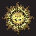 Medusa Gorgon golden head in flame hand drawn line art and dot work print design isolated vector illustration. Gorgoneion is a Royalty Free Stock Photo