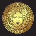 Medusa Gorgon golden head on a shield hand drawn line art and dot work print design isolated vector illustration. Gorgoneion is a Royalty Free Stock Photo