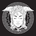 Medusa Gorgon head on a meander shield hand drawn line art tattoo or print design isolated vector illustration. Gorgoneion is a