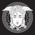 Medusa Gorgon head on a meander shield hand drawn line art tattoo or print design isolated vector illustration. Gorgoneion is a Royalty Free Stock Photo