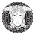 Medusa Gorgon head on a meander shield hand drawn line art tattoo or print design isolated vector illustration. Gorgoneion is a Royalty Free Stock Photo