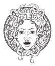 Medusa Gorgon head on a shield hand drawn line art and dot work tattoo or print design isolated vector illustration. Gorgoneion is Royalty Free Stock Photo