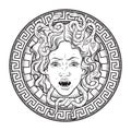 Medusa Gorgon head on a shield hand drawn line art and dot work tattoo or print design isolated vector illustration. Gorgoneion is