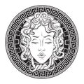 Medusa Gorgon head on a shield hand drawn line art and dot work tattoo or print design isolated vector illustration. Gorgoneion is