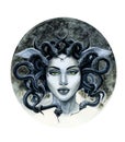 Medusa Gorgon Sake Haired Woman in the round frame. Watercolor painting.