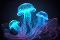 Medusa Jellyfish with glowing illumination light under the deep sea in the dark background. Marine life and animal concept.