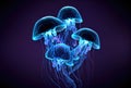 Medusa Jellyfish with glowing illumination light under the deep sea in the dark background. Marine life and animal concept.