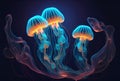 Medusa Jellyfish with glowing illumination light under the deep sea in the dark background. Marine life and animal concept.