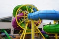 Wisconsin Dells, Wisconsin USA - May 21st, 2022: Medusa\'s Slidewheel new water park ride at Mt. Olympus fully assembled.
