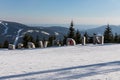 Medvedin, wooden letters at the top of the ski resort Medvedin in mountain Krkonose, the most popular Czech ski resort Spindleruv