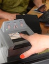 Medyka, Poland - June 11, 2017: Fingerprint scan at Medyka-Shegyni checkpoint on the border with Poland and Ukraine and some