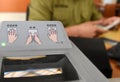 Medyka, Poland - June 11, 2017: Fingerprint scan at Medyka-Shegyni checkpoint on the border with Poland and Ukraine and some