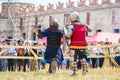 Medzhibizh, Ukraine. August 2019. Fight of knights ÃÂ¾n medieval tournament_ Royalty Free Stock Photo