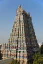 Meenakshi hindu temple in Madurai, Tamil Nadu, South India. Sculptures on Hindu temple gopura (tower). It is a twin temple, one o Royalty Free Stock Photo