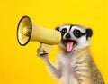 Meerkat announcing using hand speaker. Notifying, warning, announcement. AI generated