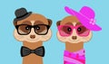 Meerkat boy and girl portrait with glasses, hat and bow. Vector illustration. Royalty Free Stock Photo