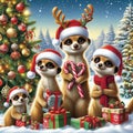 Meerkat Christmas, Illustration of a family of Meerkats, Christmas tree Royalty Free Stock Photo