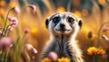 Meerkat close-up. Meerkat among flowers at sunset. Selective focus. AI generated Royalty Free Stock Photo