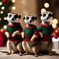 A meerkat family in matching Christmas sweaters, posing for a holiday photo3