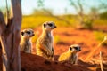 Meerkat family watchful and look curiously in the desert grassland, midday. Generative AI