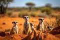 Meerkat family watchful and look curiously in the desert grassland, midday. Generative AI