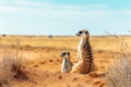 Meerkat family watchful and look curiously in the desert grassland, midday. Generative AI