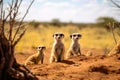 Meerkat family watchful and look curiously in the desert grassland, midday. Generative AI