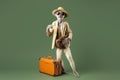 meerkat in a fashionable suit travels with a suitcase, Generative AI