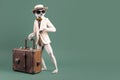 meerkat in a fashionable suit travels with a suitcase, Generative AI